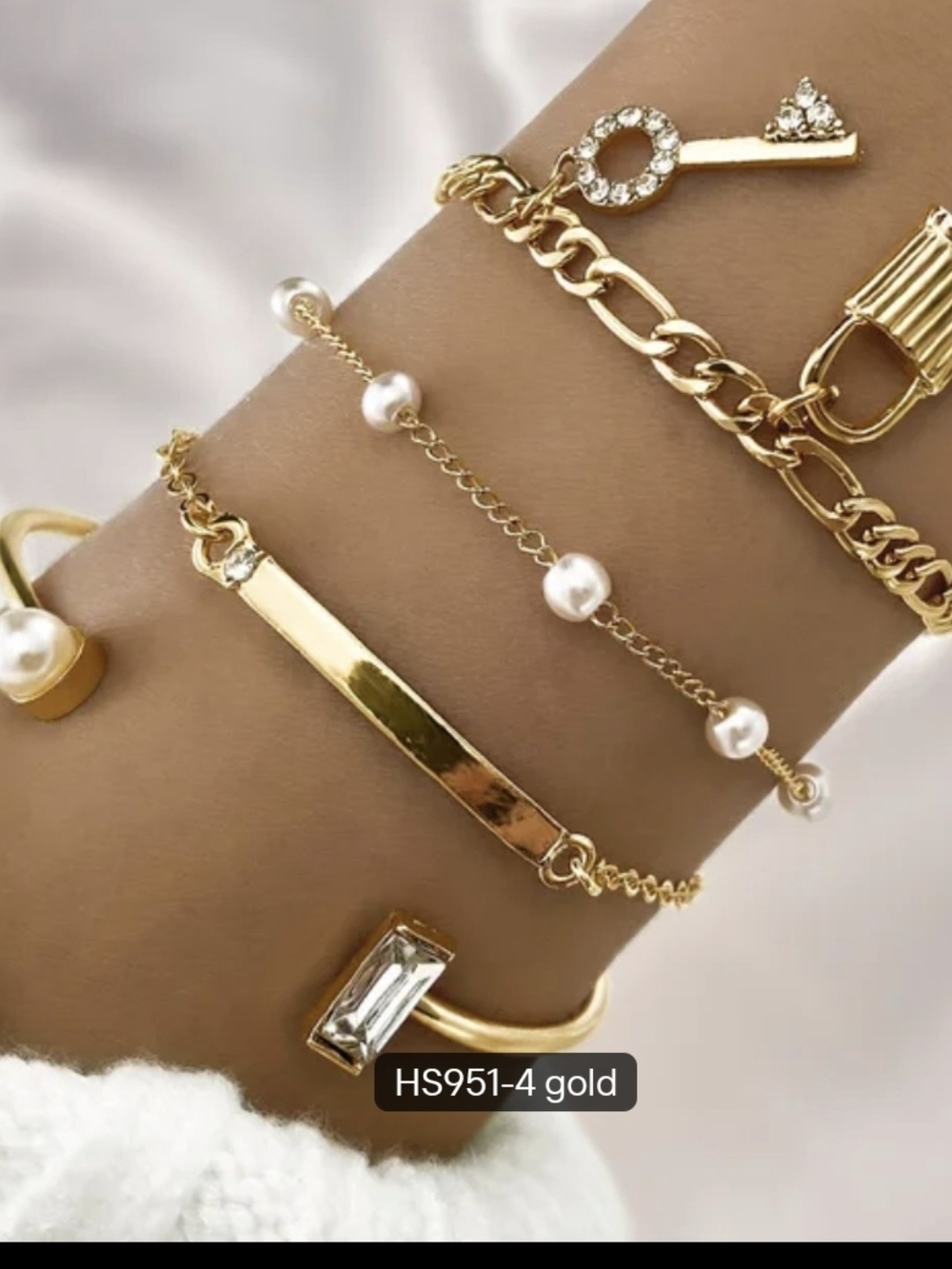 Gold Pearl & Chain Layered Bracelet Set by